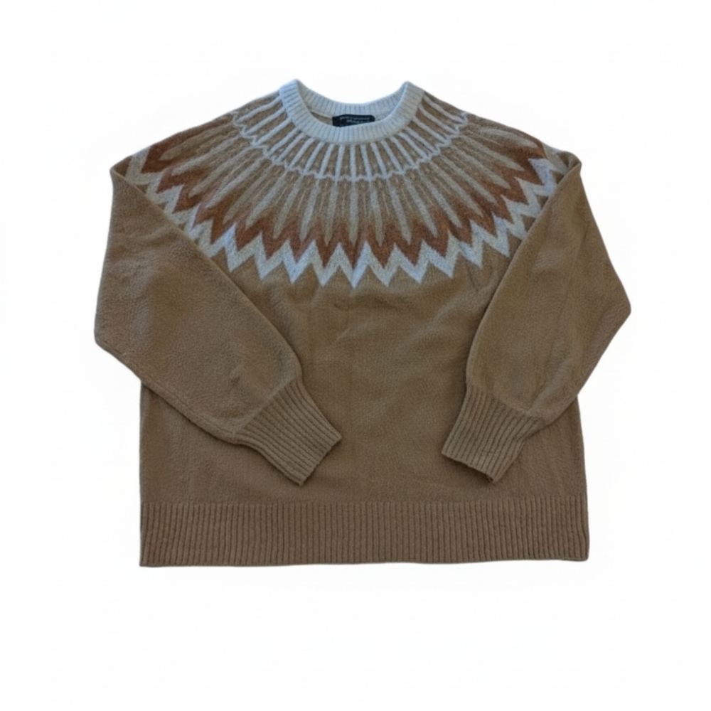 French Connection Fair Isle Yoke Sweater Camel Tan Cream Pullover Knit XL